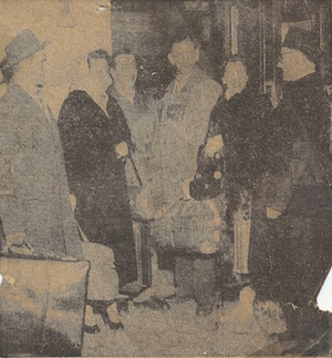 WELCOMED TO CITY - Rev. Roman P. Jasinski, right of Holy Name Polish National Church welcomes group of Polish displaced persons at their arrival here last night. Left to right are Mr. and Mrs. Tadeusz Wisniewski, Zygmund Rutecki, and Mr. and Mrs. Tadeusz Woloszyn
